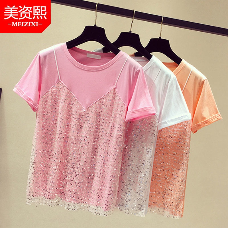 2022 spring and summer new large 200kg short sleeve T-shirt women's pure cotton Korean loose fake two-piece top bottomed shirt