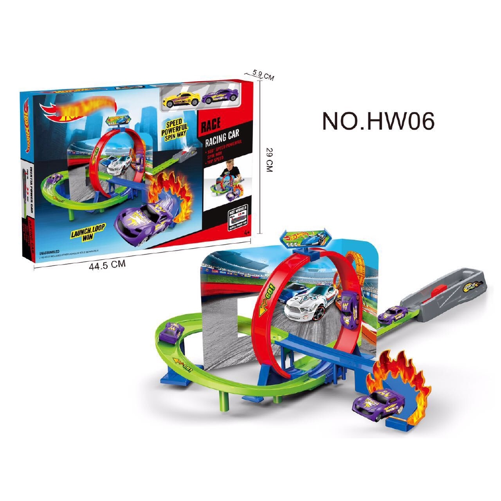 Hot Wheels Bộ Đồ Chơi Xe Đua Xoay 360 Độ Kèm 2 Đường Ray Cho Bé