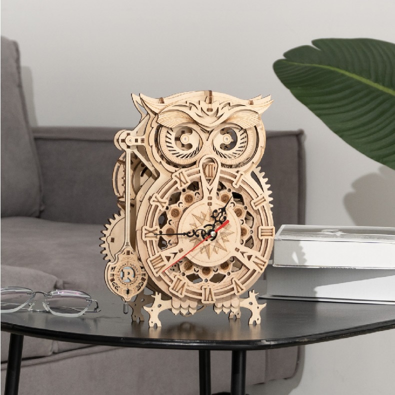 Mô hình gỗ 3D Lắp ráp Cơ động học Đồng hồ cơ hình Cú Robotime Owl Clock LK503