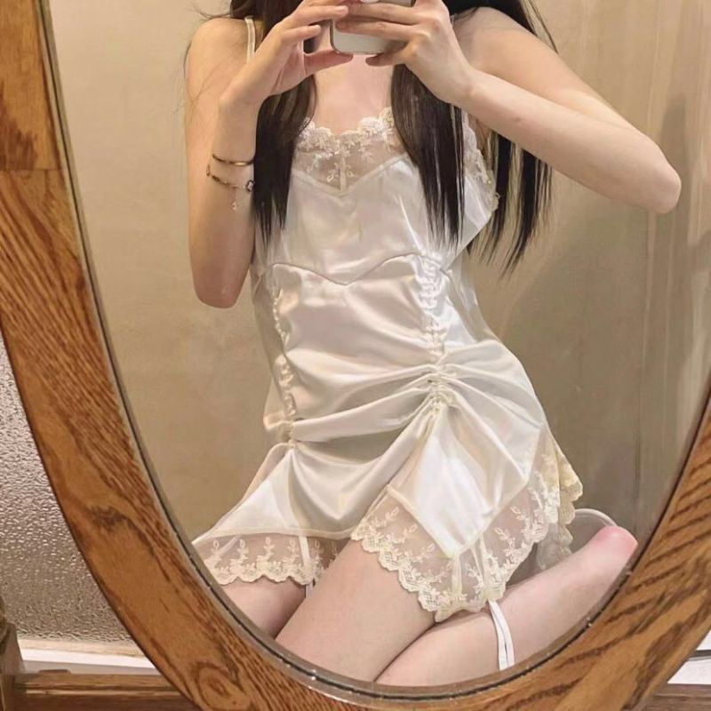 Váy ngủ 2 dây cao cấp nhún eo sexy - đầm ngủ lụa phối ren gợi cảm