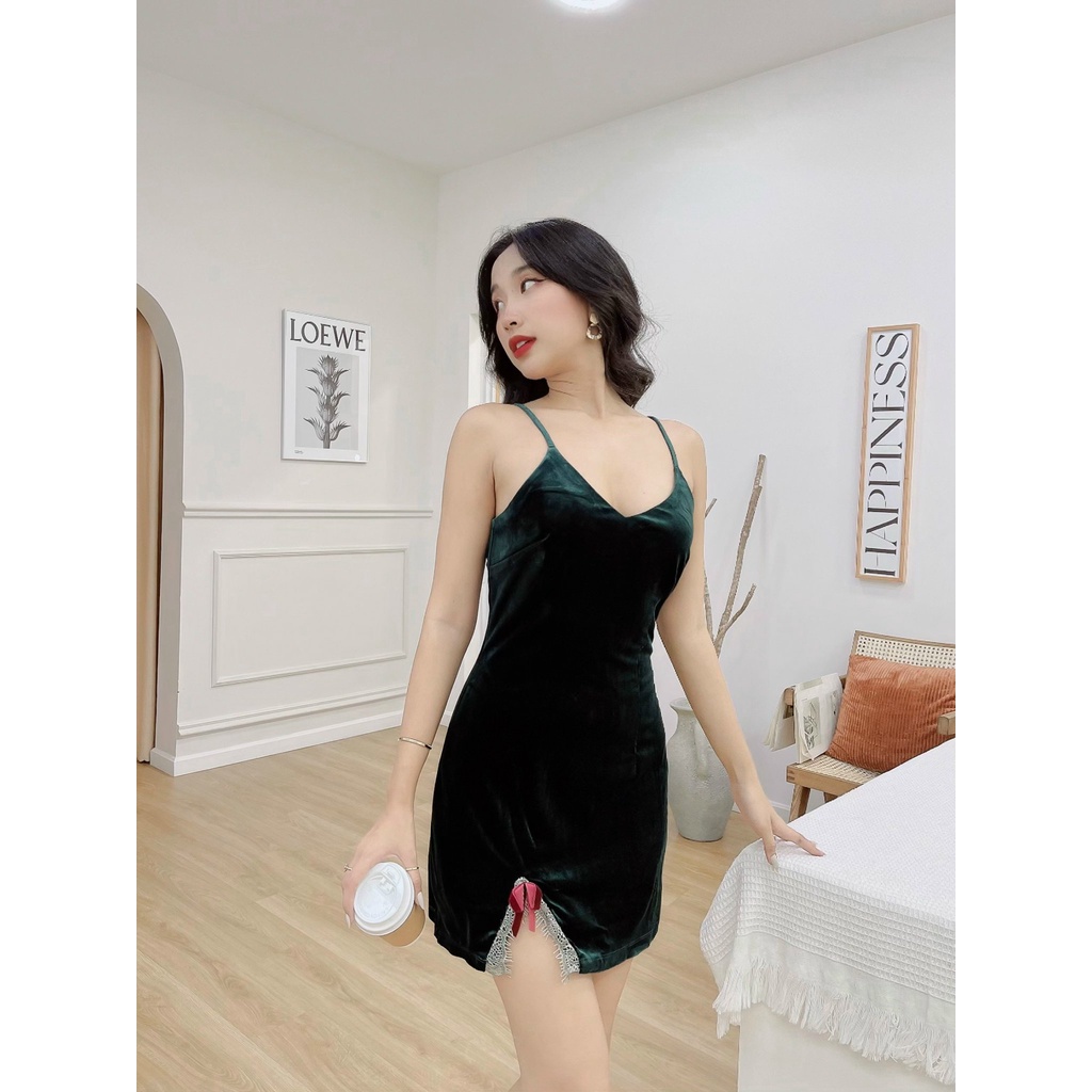 Đầm Nhung Ngắn 2 Dây Phối Nơ CRYSLAU LD20008 Màu Xanh Rêu Đáng Yêu Chất Vải Nhung Cao Cấp