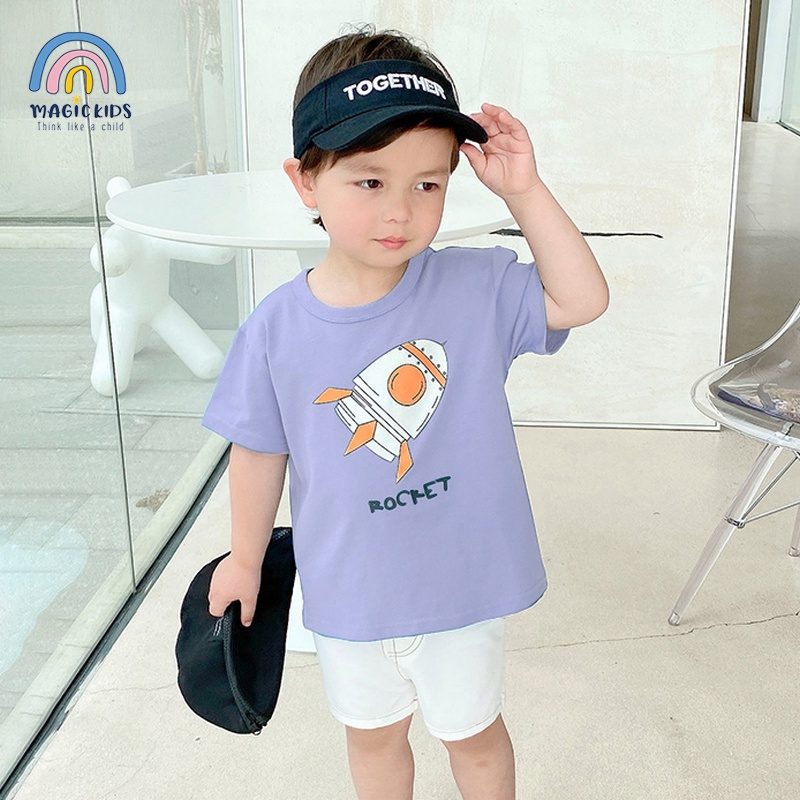 Áo thun cộc tay cho bé 2 3 4 5 6 7  tuổi cotton in hình xe co giãn thoáng mát Magickids Quần áo trẻ em mùa hè AO22001