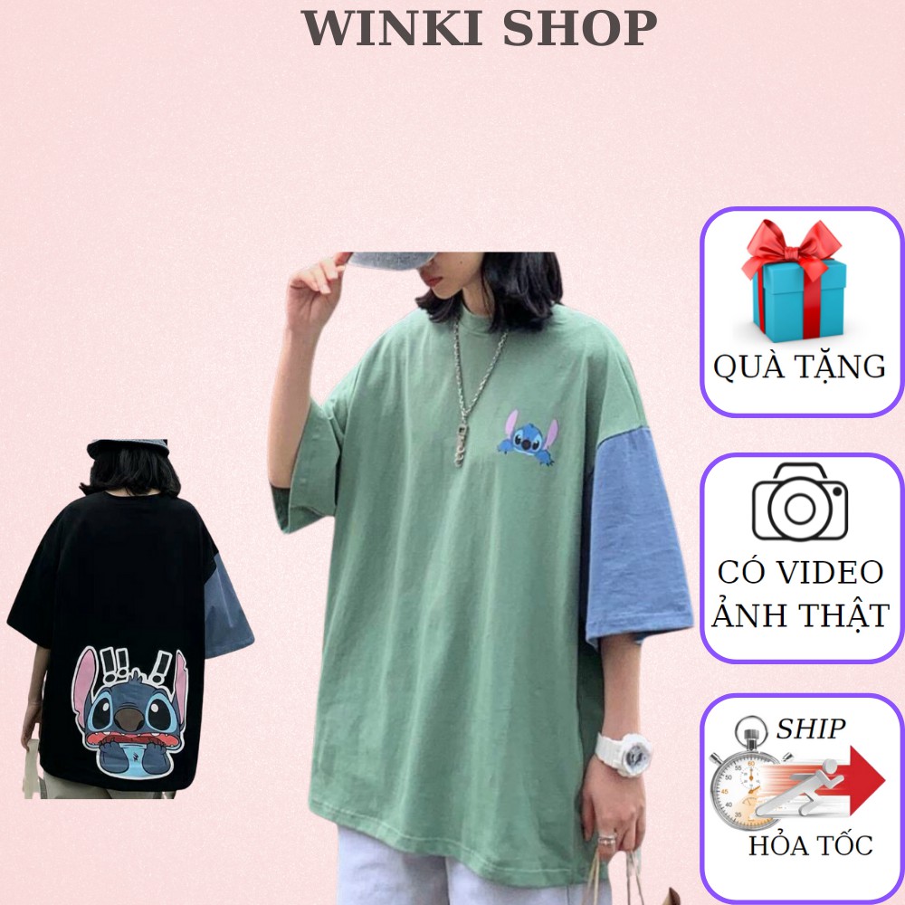 Áo phông Stitch in 2 mặt form thụng tay lỡ 💥Áo cộc tay phối Unisex