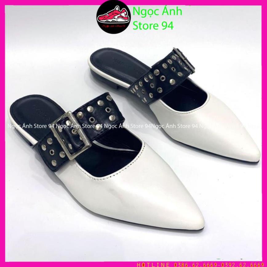 Sục nữ mũi nhọn da lì quai ngang gắn đinh đính đá màu trắng NIN Ngọc ánh