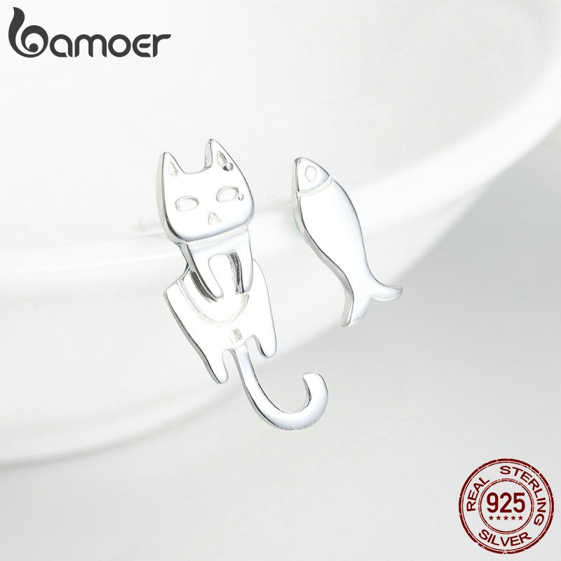 Khuyên tai Bamoer SCE488 bằng bạc 925 hình chú mèo và cá đáng yêu cho nữ
