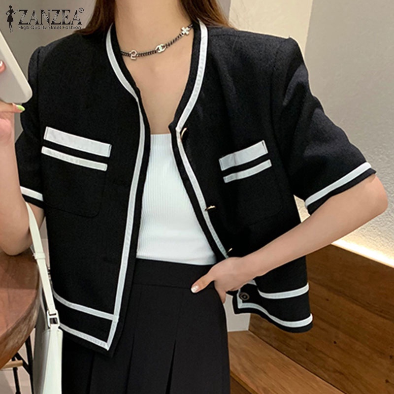 Áo khoác ZANZEA tay ngắn cổ tròn phối màu sắc tương phản phong cách đường phố Hàn Quốc thời trang dành cho nữ
