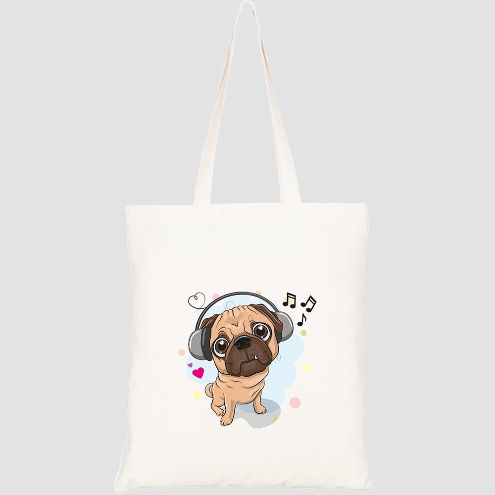 Túi vải tote canvas HTFashion in hình cute cartoon pug dog headphones HT473