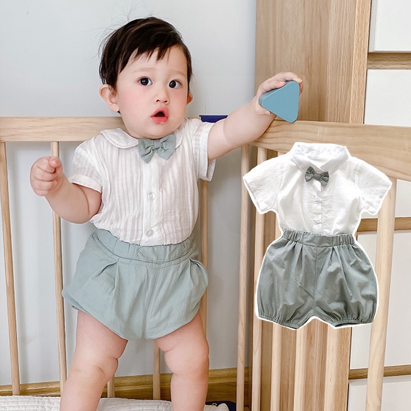 Bộ áo sơ mi + cà vạt nơ + quần short cho bé