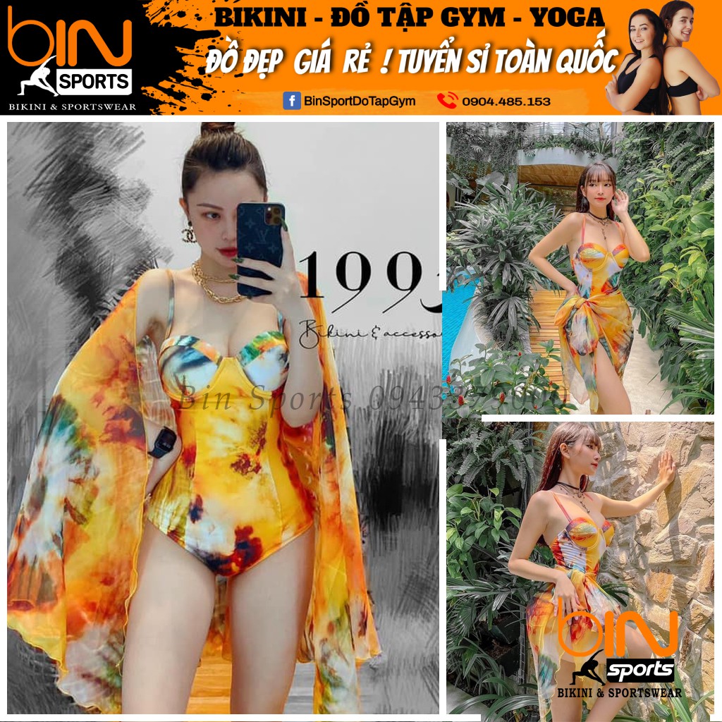 Bikini Nữ Liền Thân ComBo 2 Món, Đồ Bơi Đi Biển Một Mảnh Kèm Khăn Họa Tiết Sang Đẹp Binsports BHV133