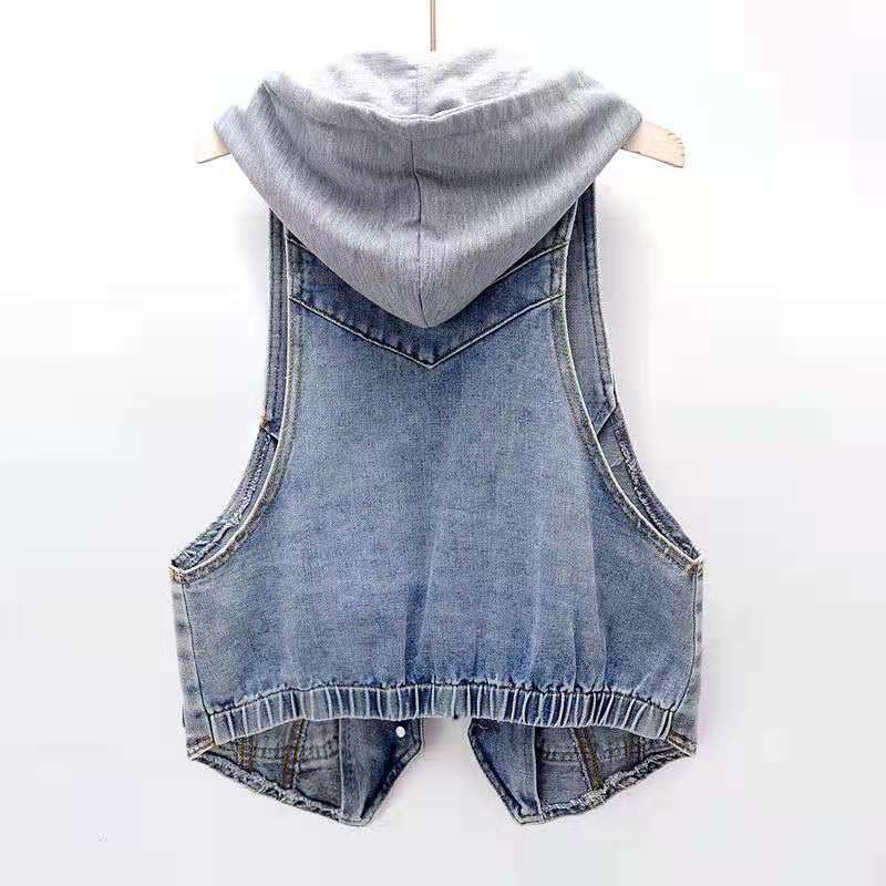 Áo Khoác Denim Không Tay Có Mũ Trùm Dáng Rộng Thời Trang Xuân Thu Dành Cho Nữ