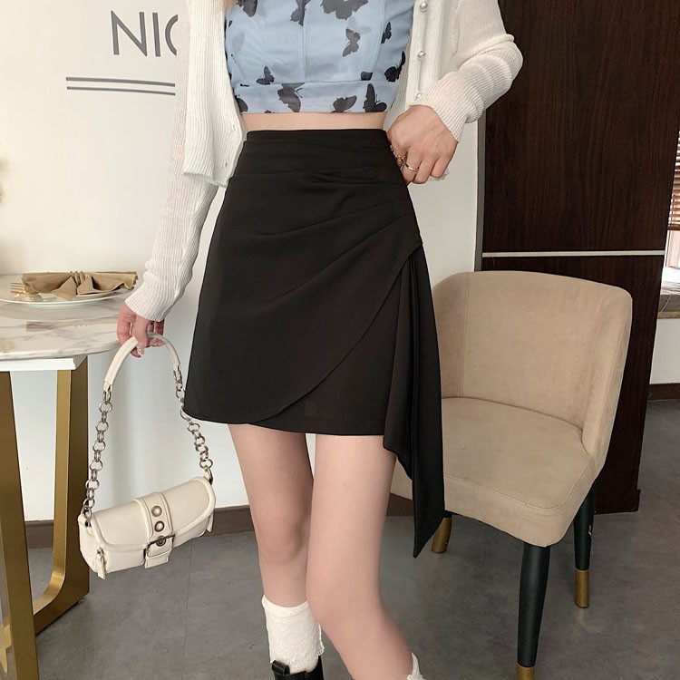 Chân váy A cách điệu vạt chéo bên hông, chân váy nữ dáng ngắn cạp cao 2 màu nâu đen Okella CV009 (có ảnh thật)