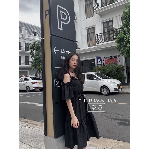 Váy hai dây đen tay trễ . Đầm hai dây trễ vai ulzzang ( Ảnh thật Tia19 chụp) | BigBuy360 - bigbuy360.vn