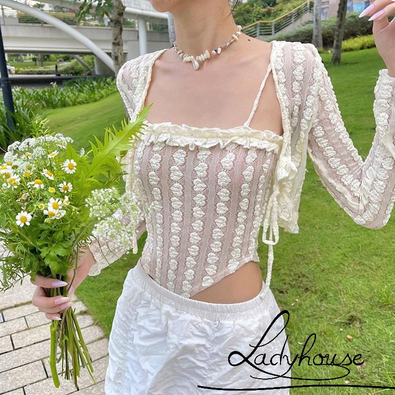 Bộ Áo Croptop Tay Dài Thắt Nơ + Áo Hai Dây Cổ Vuông Màu Trơn Thời Trang Xuân Hè Cho Nữ