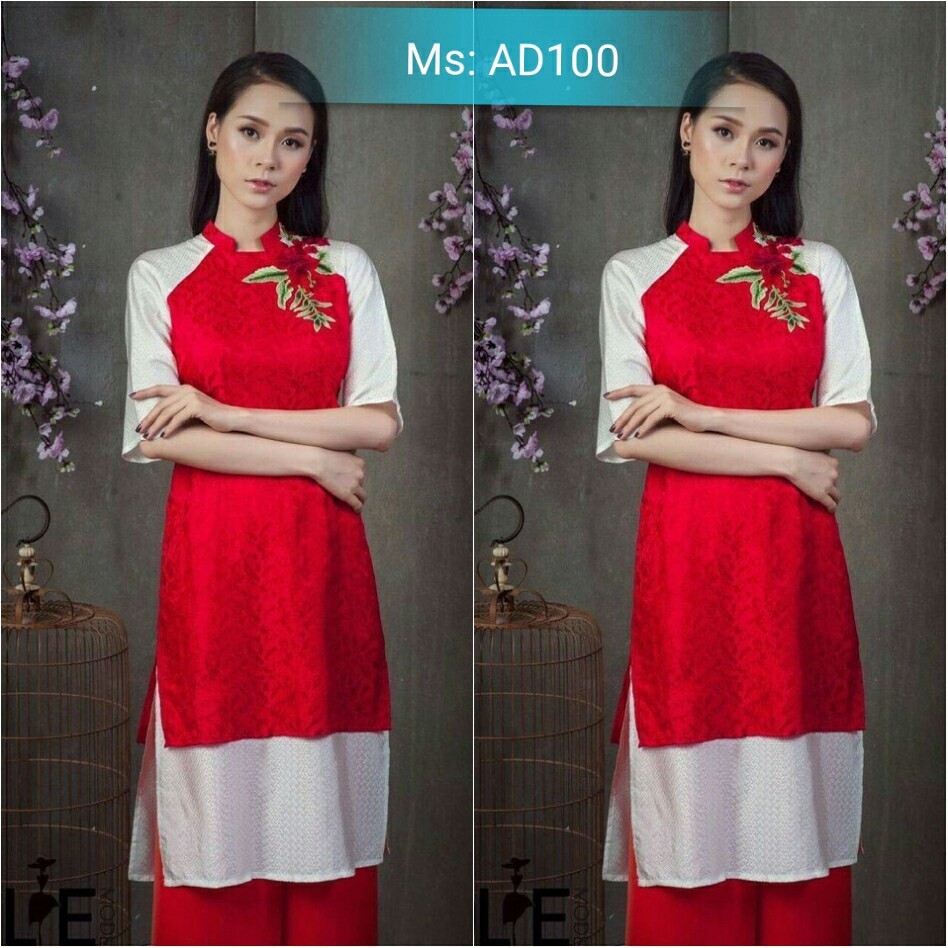 Có size XXL Áo Dài Cách Tân CỔ TRỤ GẤM 2 TẦNG ĐÍNH HOA THÊU