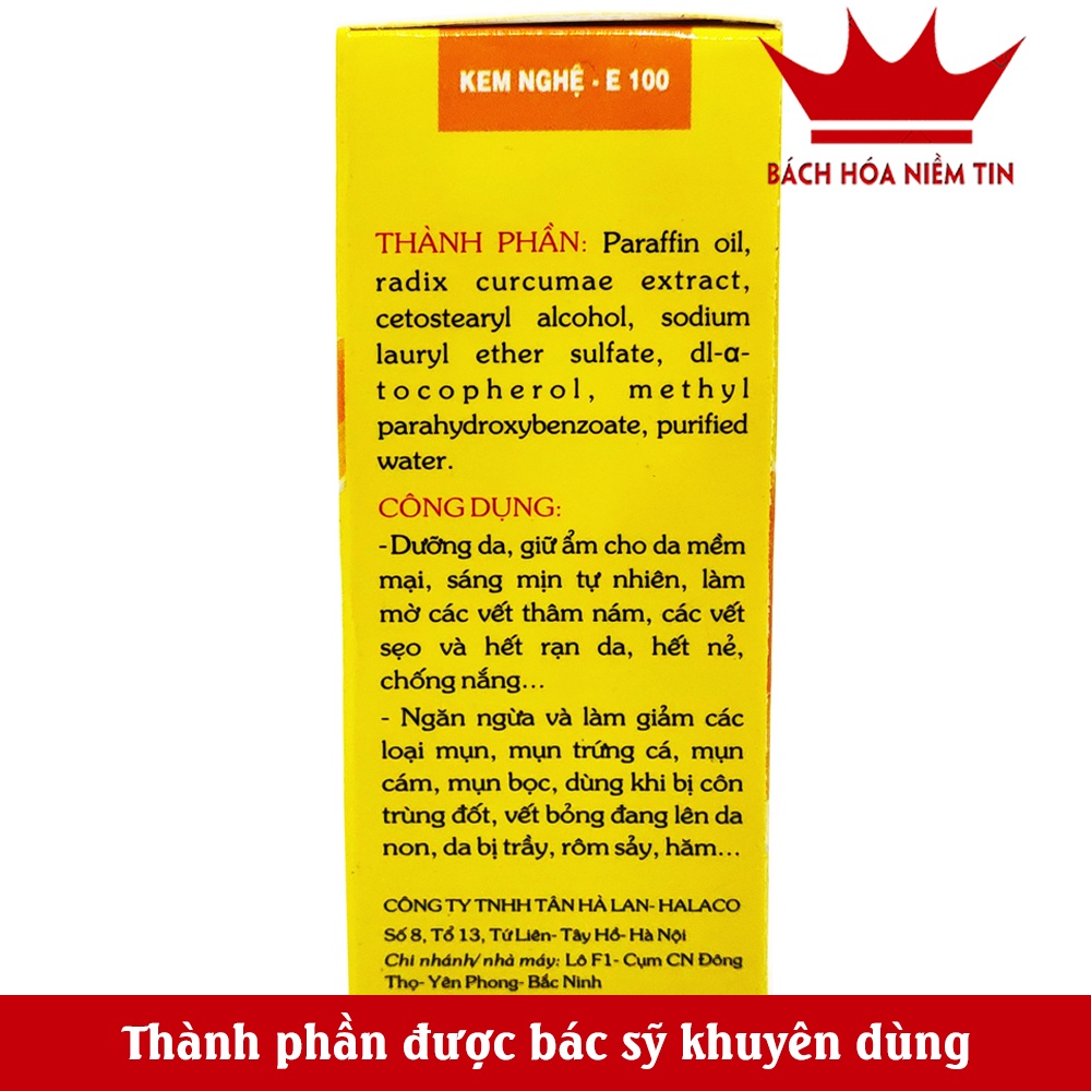 Kem nghệ giảm mụn mờ sẹo thâm E100 - tinh chất nghê, vitamin E, làm đẹp da, giảm thâm nám, giúp da mềm mịn - Tuýp 20g