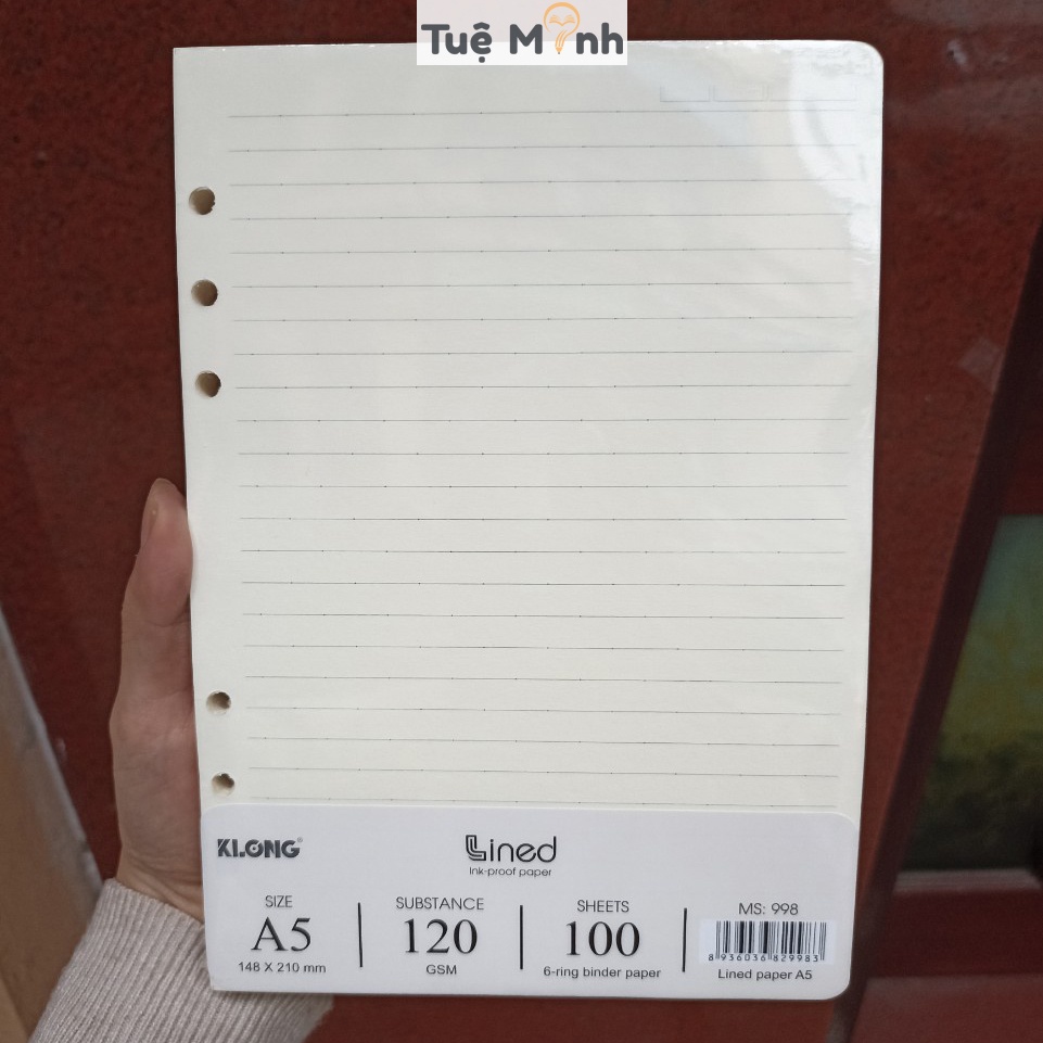 Ruột sổ còng A5 kẻ ngang 100 tờ dày 120gsm, giấy refill thay binder file còng Klong MS 998