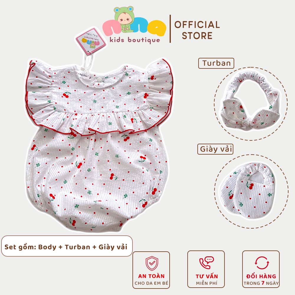 Body cherry cho bé gái Nina Kids Boutique Bộ Jumsuit cho bé gái sơ sinh Đầy tháng Kèm băng đô nơ và giày vải Size 0m 24m