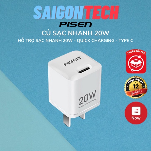 Củ Cục Sạc Nhanh Pisen 🔥Zin🔥 Quick PD3.0, QC4.0 20W Jack Type C - Bảo Hành 12 Tháng