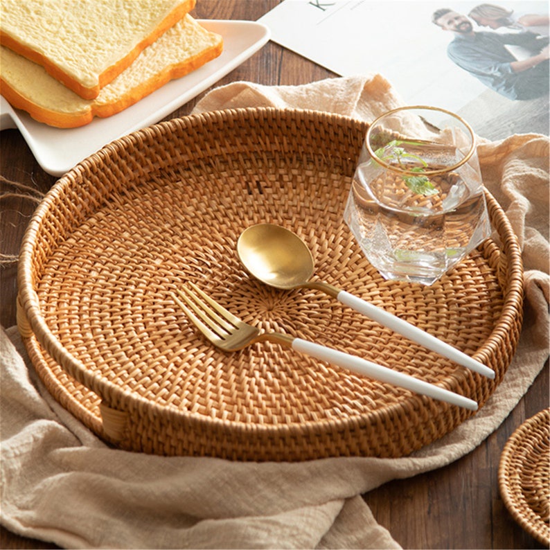 Khay mây tròn BEMIAO khay có tay cầm đựng đồ, hoa quả, giỏ mây, rổ mây trang trí phòng bếp | Mây tre đan decor trang trí