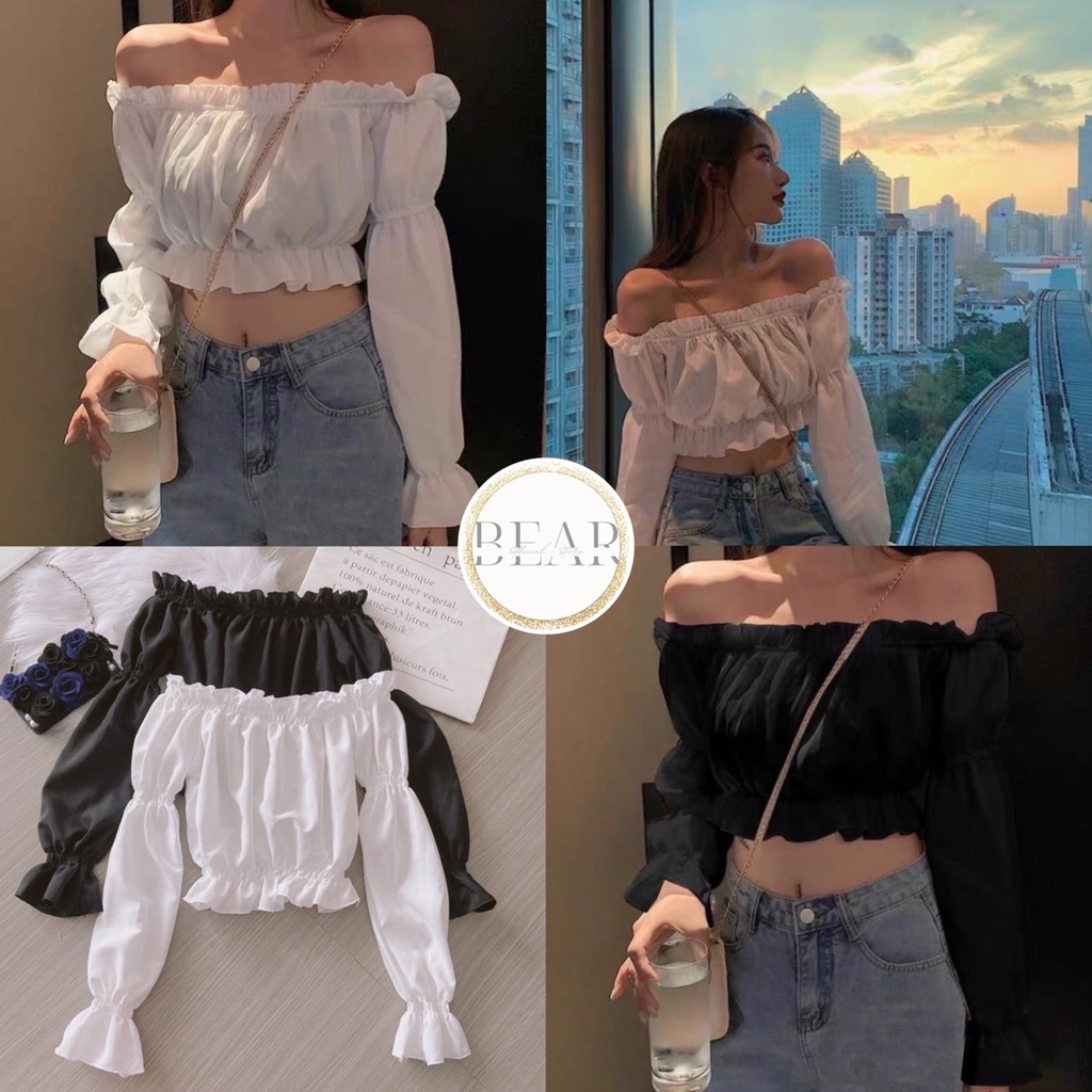 Áo Croptop Kiểu Trễ Vai nữ chun bồng tay dài Nữ Tính Ngọt Ngào - AK005 | bear.story