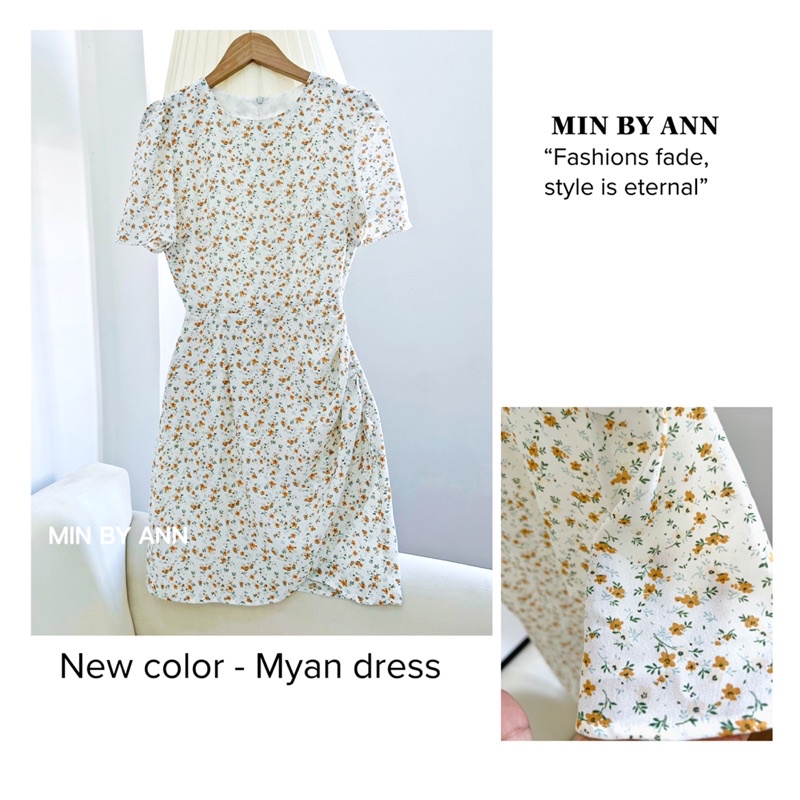Đầm Ôm A vạt chéo hoạ tiết hoa nhí vàng nền trắng chất đũi Hàn cao cấp