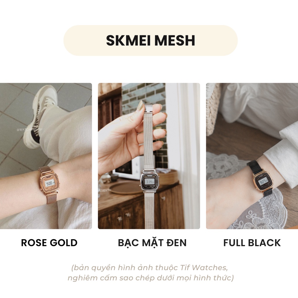 Đồng hồ nữ điện tử mặt nhỏ SKMEI MESH bạc mặt đen đồng hồ thời trang cá tính Watchesbytif size 22mm kèm báo thức bấm giờ