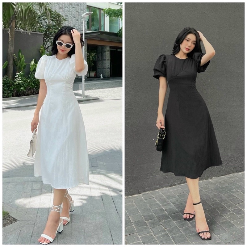 Đầm tay phồng cổ tròn maxi 14037