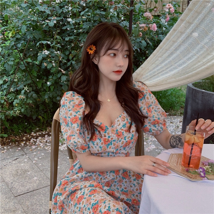 IELGY   Đầm Hoa Ngắn Tay Lưng Cao Cổ Vuông Thời Trang Dành Cho Nữ