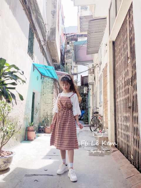 Sét yếm kẻ kèm áo kiểu siêu xinh🥰