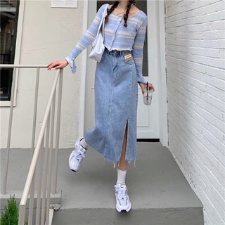 Chân váy jean nữ dài cạp cao tua gấu, chân váy KABICO xẻ trước phong cách thanh lịch_A11