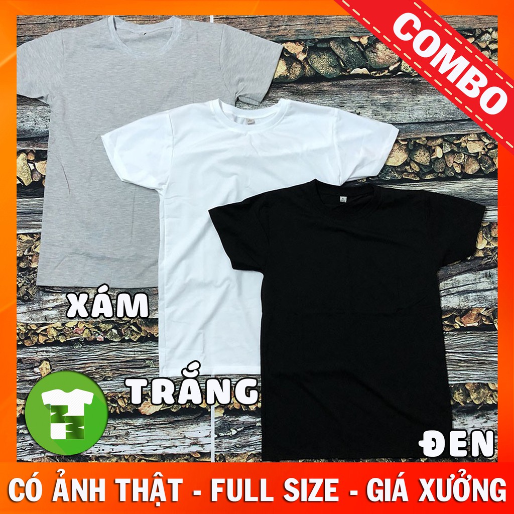 COMBO BỘ 3 ÁO THUN TRƠN TAY NGẮN TRẮNG - ĐEN - XÁM - Áo ngắn tay không cổ