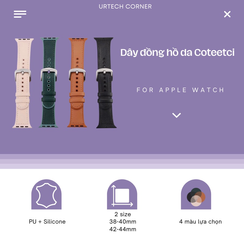Dây đồng hồ Apple Watch W51 Coteetci Urtechcorner chất liệu da cao cấp dành cho các series 1-6/SE