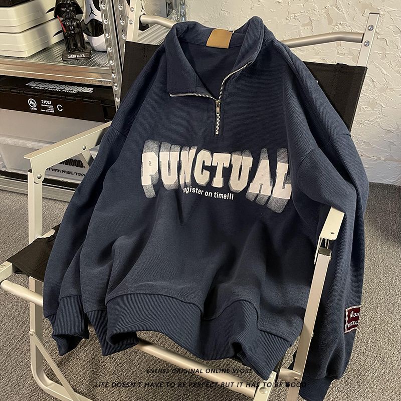 Áo Sweater Polo Dáng Rộng Phối Khóa Kéo Kiểu Retro Nhật Bản Thời Trang Thu Đông Cho Nam