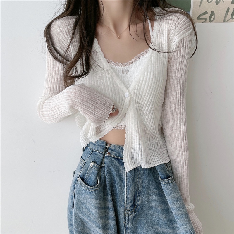 Áo len mỏng kiểu nữ cardigan Hàn Quốc Áo cardigan nữ dài tay khoác ngoài form rộng cổ V Thời trang