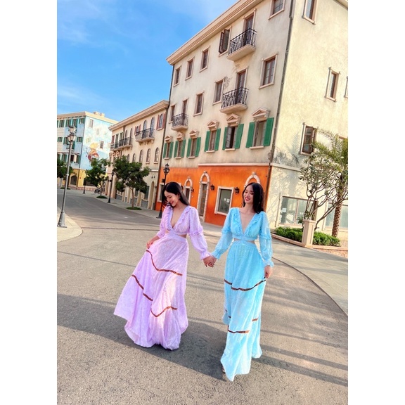Đầm maxi tay dài khoét eo hở lưng váy xoè đi biển du lịch chụp hình sống ảo thiết kế cao cấp