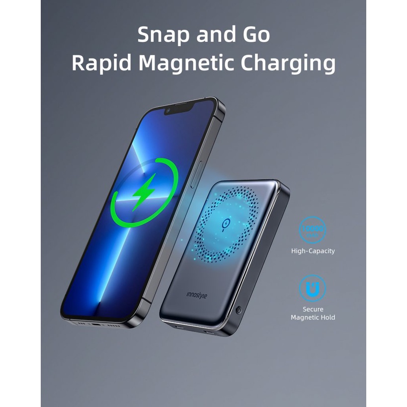 Sạc Dự Phòng Innostyle Hít Từ Tính 20W Powermag Slim 15W Wireless PD/QC3.0 10000MAH