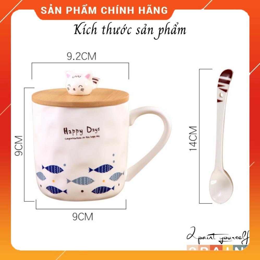 fd Cốc sứ Happy Days có nắp gỗ, cốc uống nước họa tiết cá gỗ decor, trang trí ( Tặng thìa sứ ) 2PAINT