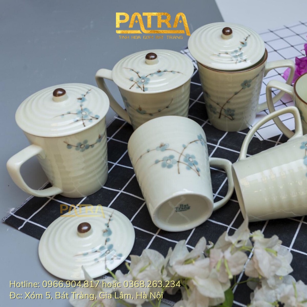 Cốc sứ có nắp, ly sứ men kem Bát Tràng cao cấp, cốc uống nước có quai 350ml nhiều mẫu lựa chọn