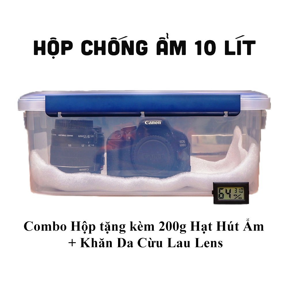 Combo hộp chống ẩm 10 lít cho máy ảnh và lens tặng kèm khăn da cừu + 200g hạt hút ẩm