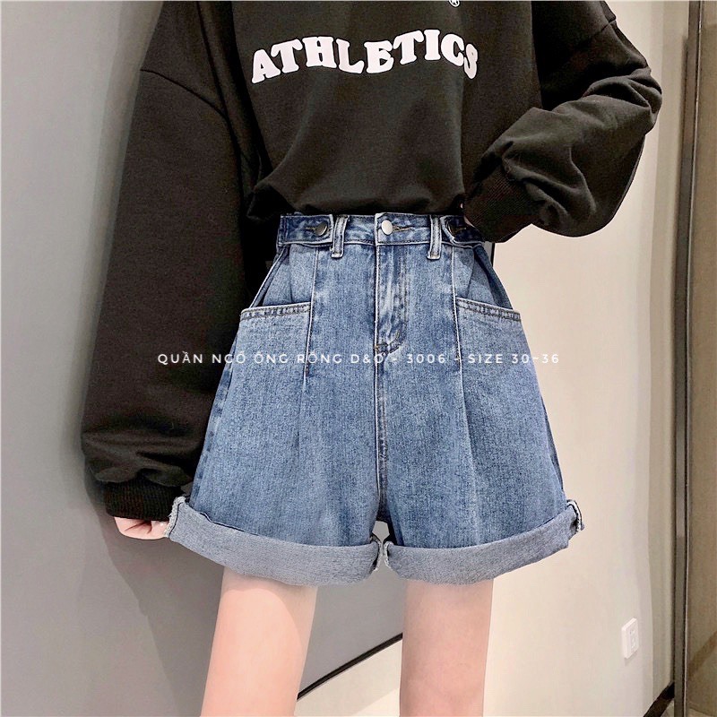 Quần Short Jean Ngố Ống Rộng BIGSIZE, Quần Ngố Lưng Cao, Quần Suông Lửng Không Giãn Xanh đá