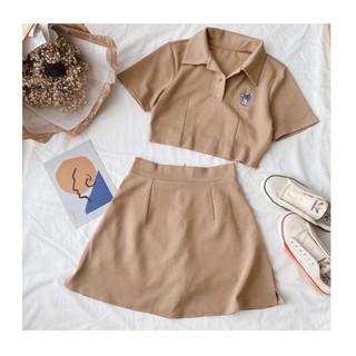 [Hàng Hót Siêu Phẩm]SET ÁO CROPTOP POLO CHÂN VÁY THÊU GẤU TRẮNG (Kèm quà Tặng siêu dễ thương)