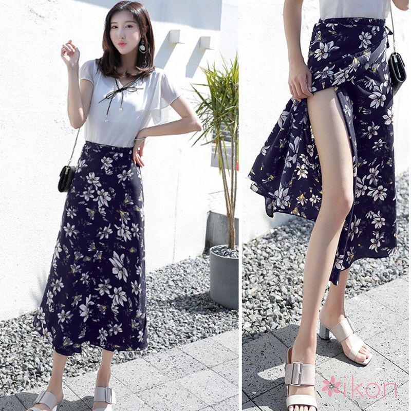 Chân váy chữ A dài vải chiffon thiết kế xẻ tà với họa tiết hoa điệu đà cho nữ