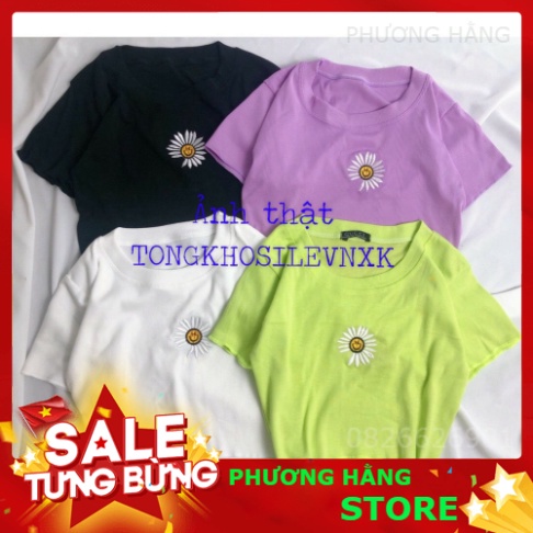 ÁO CROPTOP HOA HƯỚNG DƯƠNG MẶT CƯỜI 4 màu hot - ÁO THUN BODY KIỂU TÍM XANH NEON ĐEN TRẮNG - PH💎👑