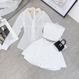 SET ÁO SƠ MI MỎNG + ÁO ỐNG + CHÂN VÁY TRẮNG [kèm ảnh thật ]