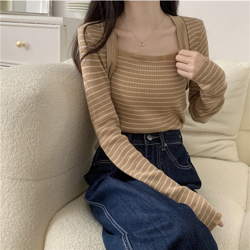 ZHELIHANGFEI Áo Len Tay Dài Kẻ Sọc Giả Hai Lớp Dáng Ôm Thời Trang Cho Nữ