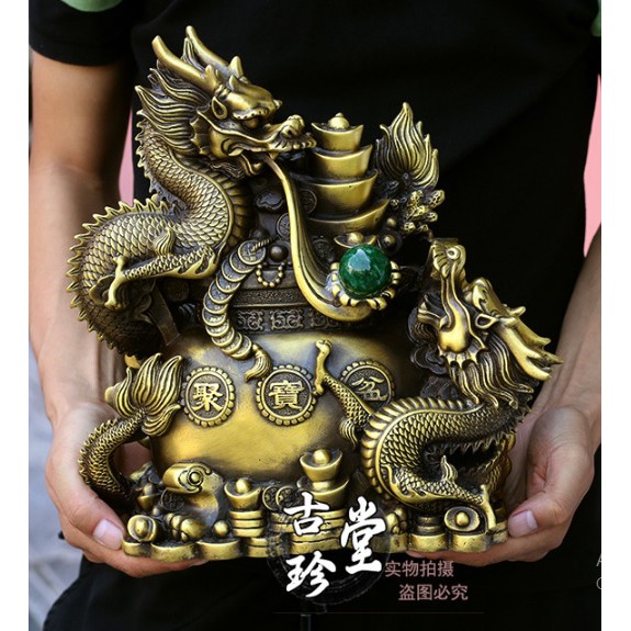 cặp rồng phong thủy tiền vàng phun ngọc bằng đồng thau nguyên chất kích thước 31x28x14cm năng 5kg