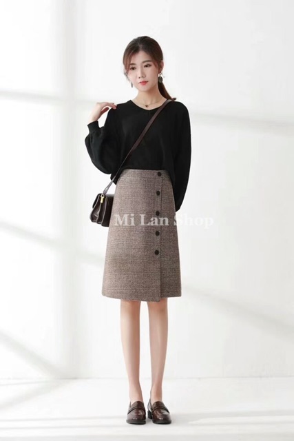 Chân váy dạ dài qua gối 5 khuy lệch