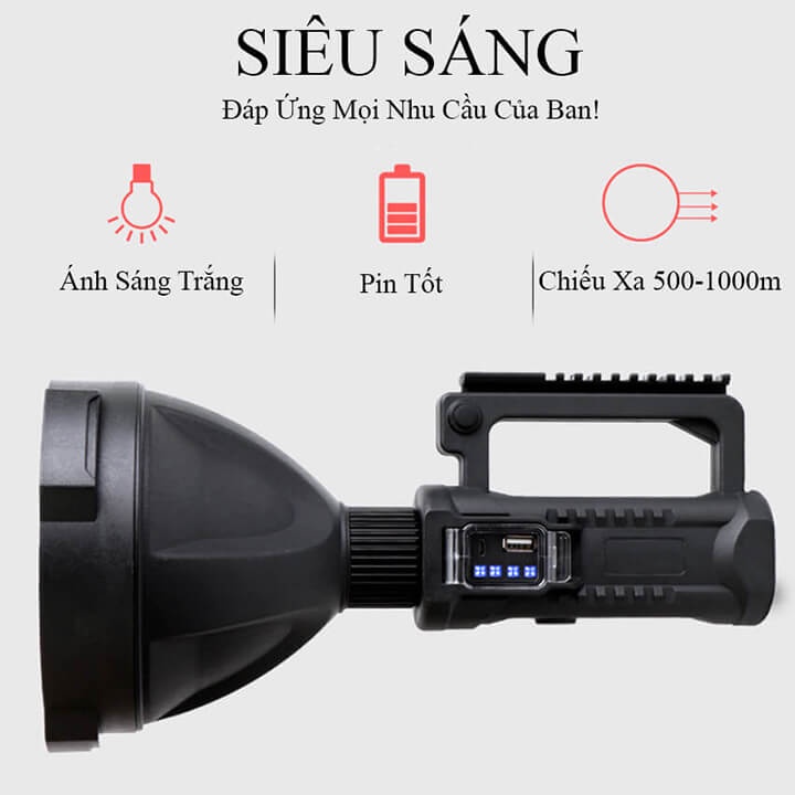 Đèn pin cầm tay siêu sáng P90 chiếu xa 1000m chống thấm nước, pin khủng 8000mAh, có chân đế