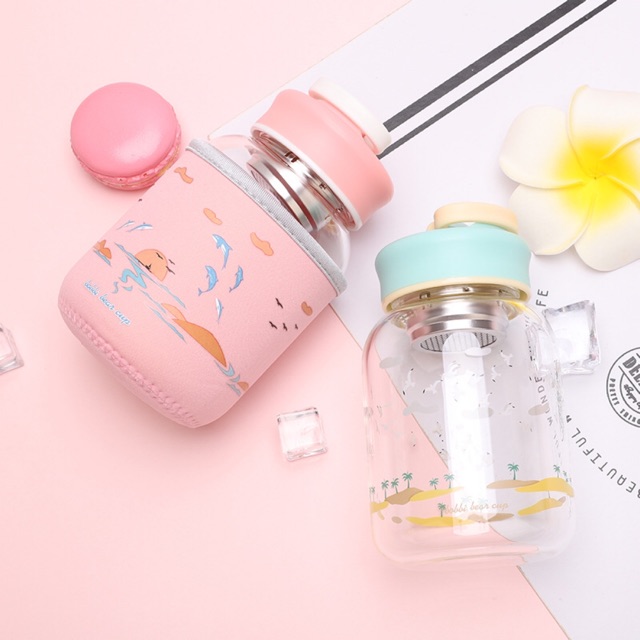 Bình Nước Thuỷ Tinh Chim Cò Cá Bobbi Bear Kèm Túi Chống Sốc Và Lọc Trà