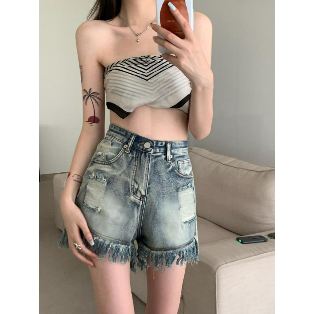Quần Short Denim Sờn Cạp Cao Phong Cách Cổ Điển Kiểu Mới 64240